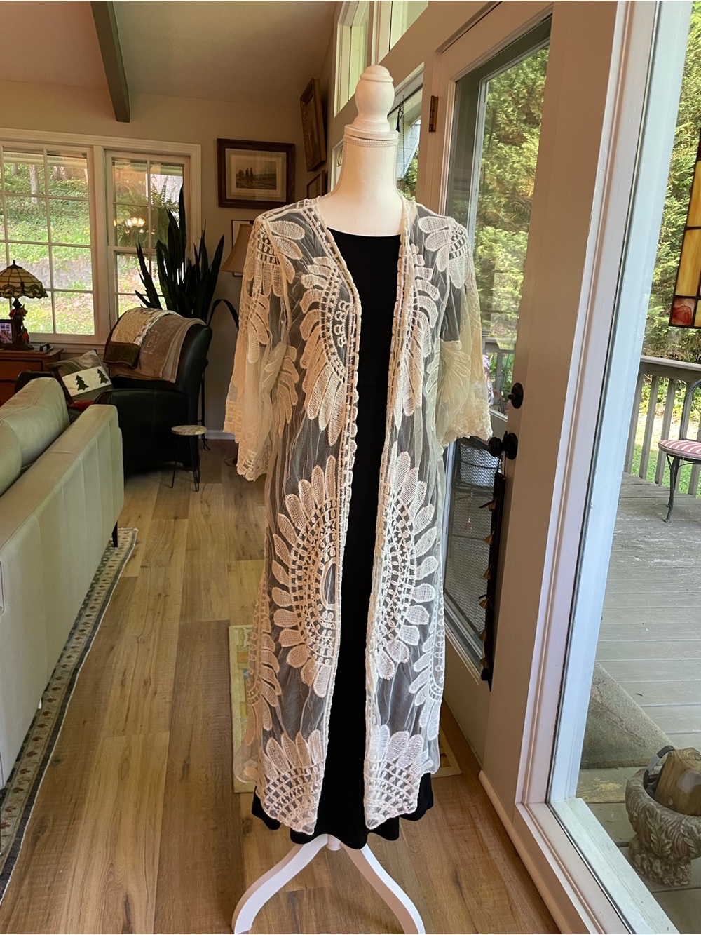 Rebellion Again Sheer Off-White Lace Embroidered with Flowers Long Kimono Duster
